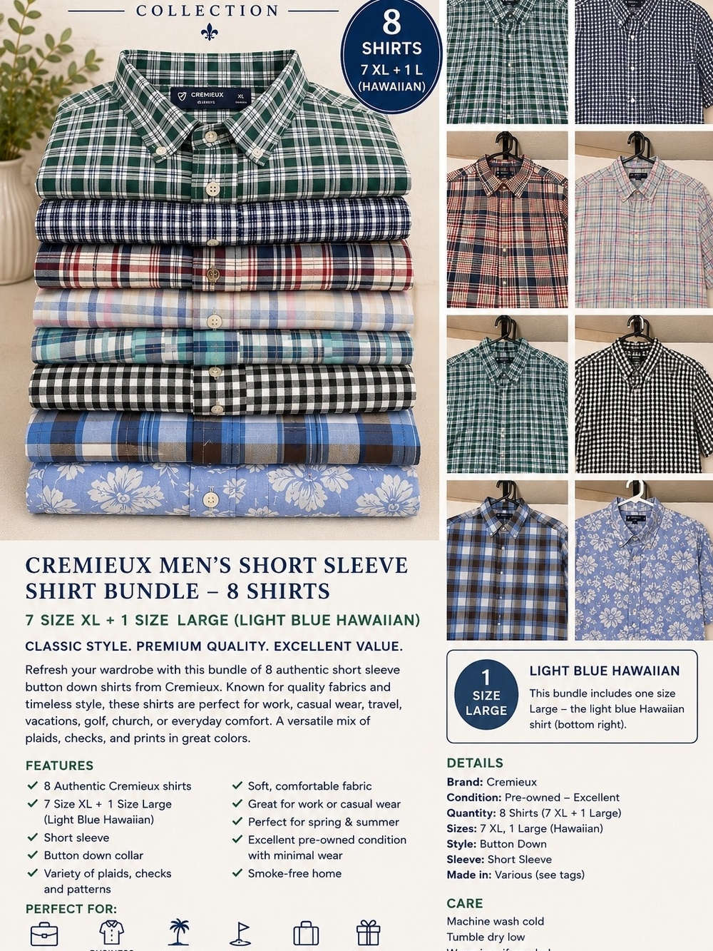 Lot of 8 Cremieux Men's Button Down Shirts 7XL 1 Large Short Sleeve wrinkle free